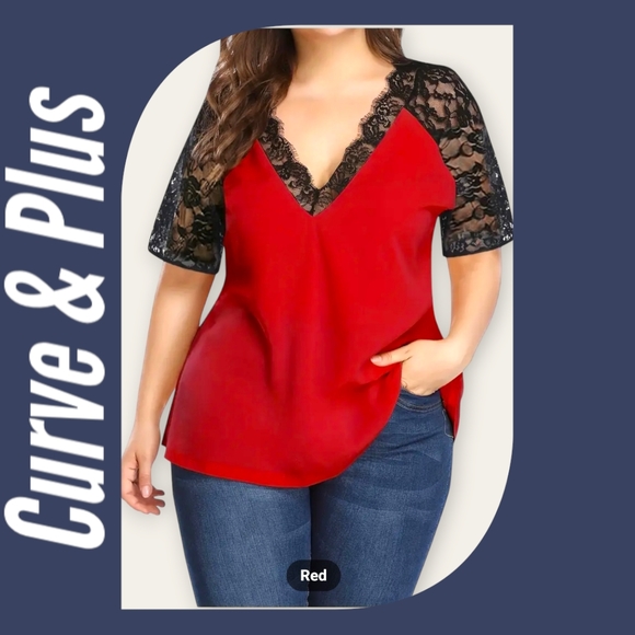 Women's Plus Size Red and Black Floral Jacquard Contrast Lace Casual Top💖 - Picture 3 of 12